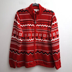 Breckenridge Full Zip Cardigan Sweater Womens XL Red White Fair Isle Christmas